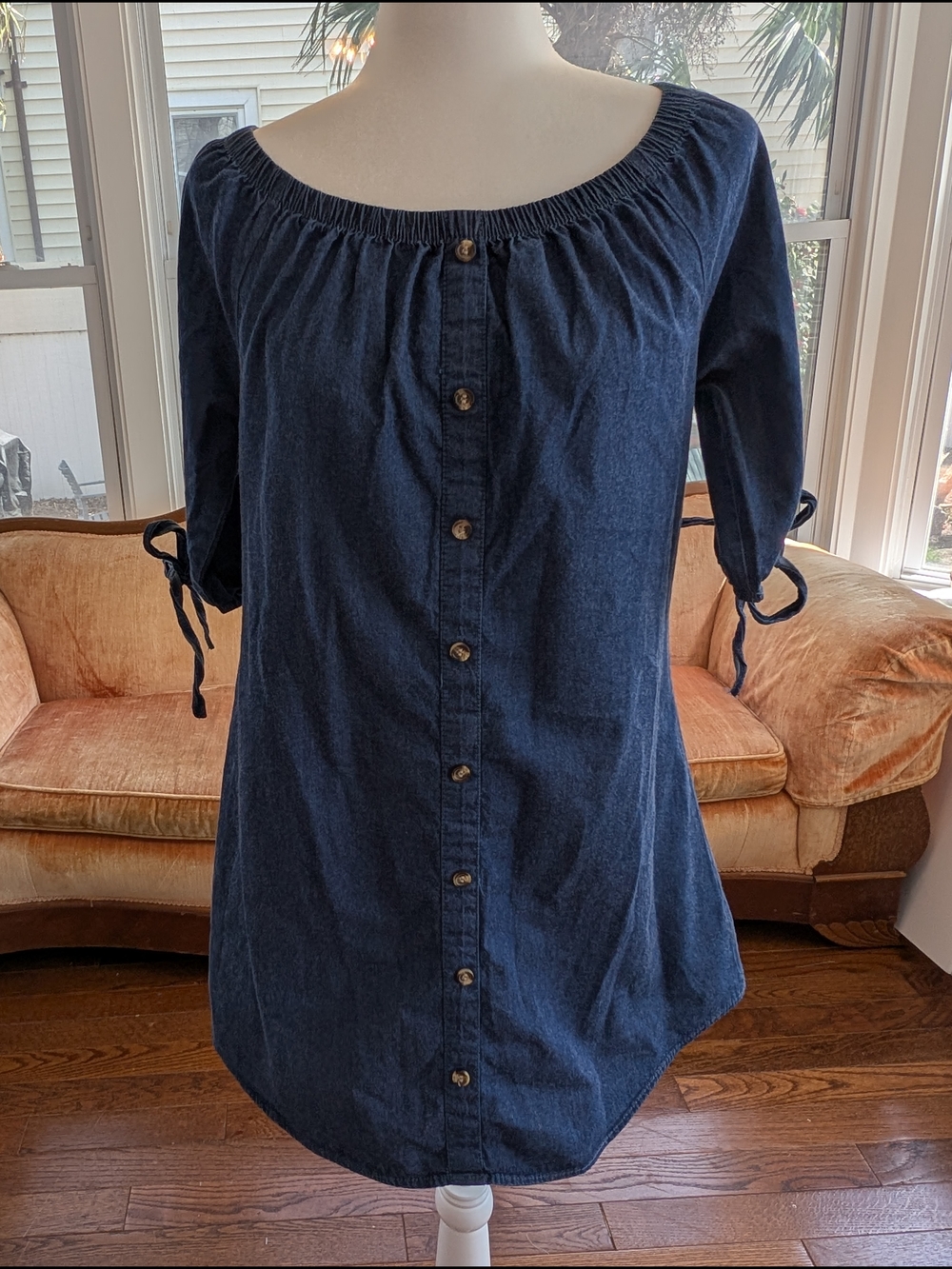 Button-Front Dark Blue Denim Midi Dress with Tie Sleeves